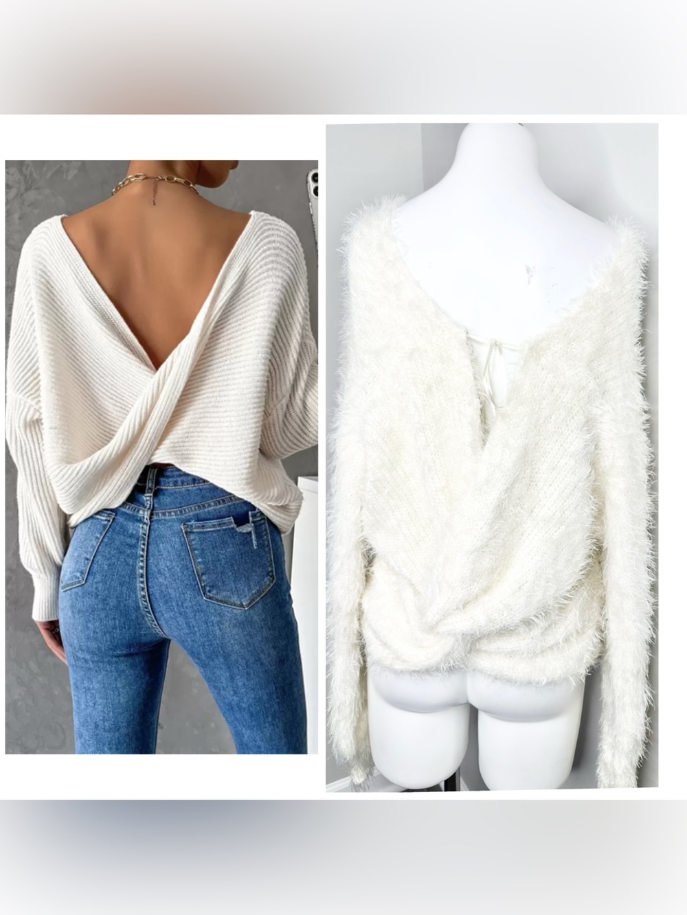 Love Tree Cream Open-Back Twist Fuzzy Sweater- nwt-small